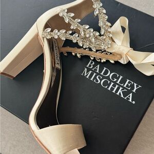 Badgley Mischka Gold Strappy Heels with Floral Embellishments
